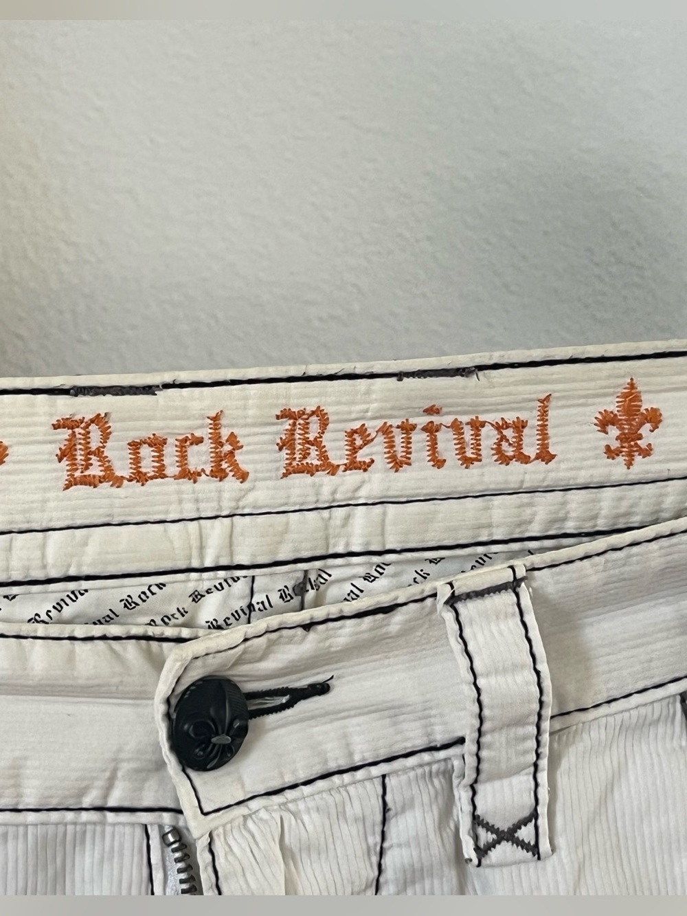 Rock Revival Men’s White Jeans with Orange Embroidered Waistband